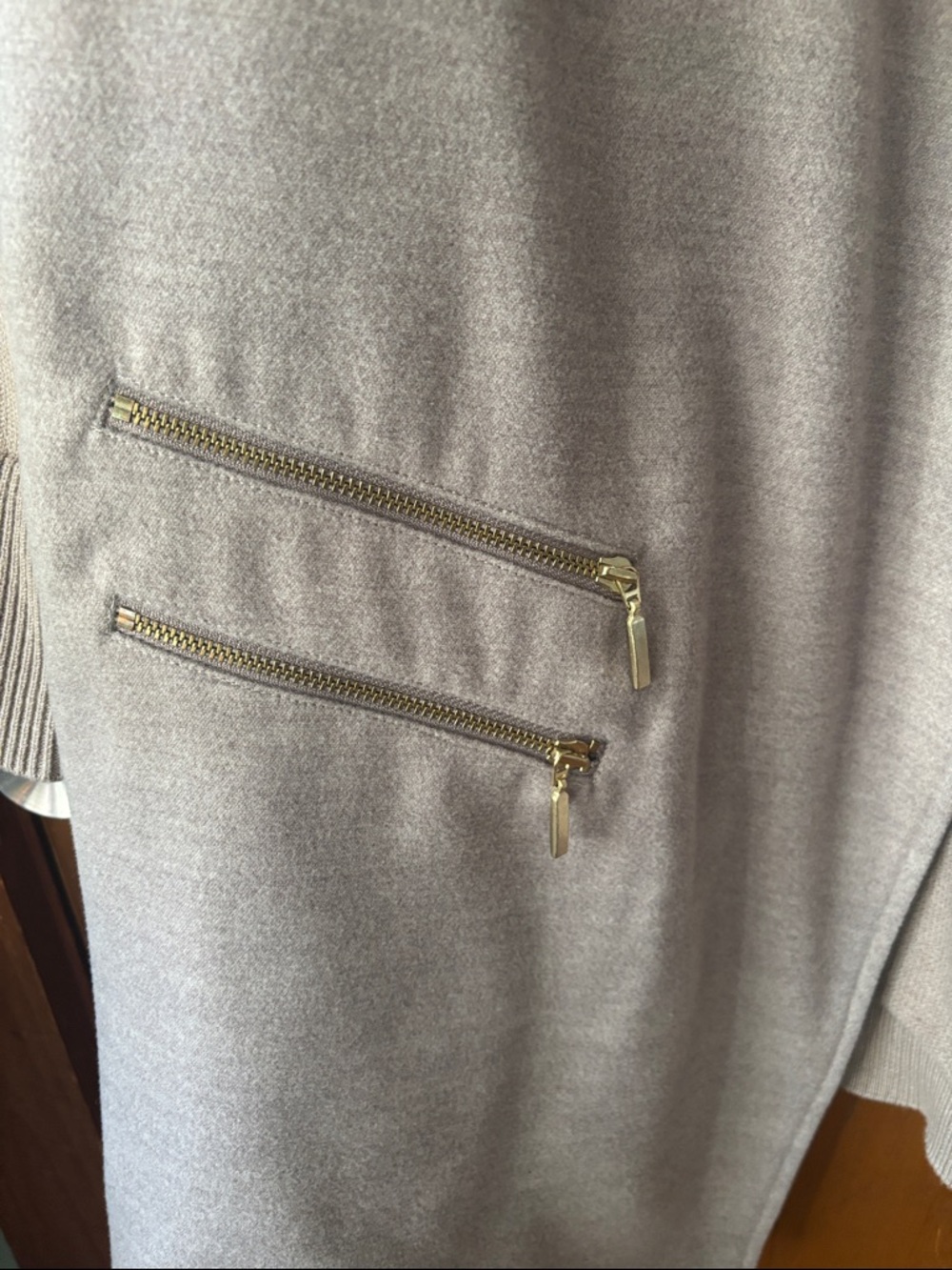 Chico's Taupe Knit Open-Front Coatigan with Gold Zippers - Picture 3 of 9